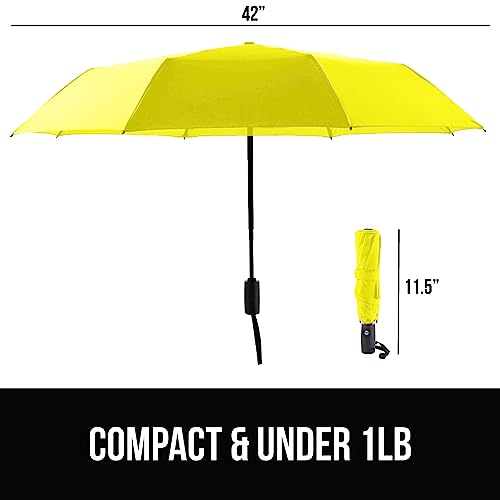 Image of GORILLA GRIP Compact Travel Size Umbrella for Rain, Sleek Design Fits Backpack, Purse and Carry On, Lightweight Under 1lb, One Click Open and Close, Wind Resistant, Durable Waterproof, Yellow