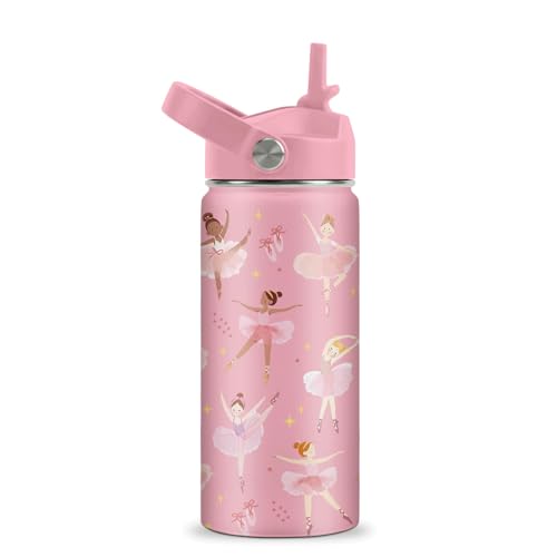 ROVOZAR Ballet Water Bottle for Girls - 16oz Dance Stainless Steel Water Bottle with Straw - Cute Dancer Insulated Cup - Pink Ballerina Kids Tumbler for School, Sports, Travel