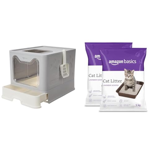 Image of Amazon Basics Foldable Covered Cat Litter Box with Anti-Spill Tray|Top and Side Openings with Amazon Basics Scoopable Smart White Bentonite Scented Cat Litter|10 Kg|Organic|Lavender Fragrance