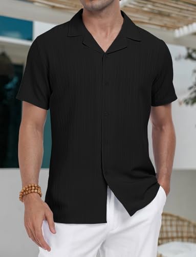 Men Short Sleeve Casual Button Down Shirt Lapel Collar Solid Beach Blouse2