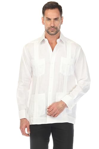 Mojito Collection Mens 100% Linen Four-Pocket Long Sleeve Guayabera Shirt White