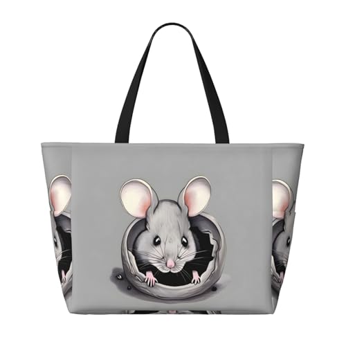 Grey rat Large capacity beach bag with zipper, perfect for grocery bag pool gym travel shopping foldable beach travel bag,2