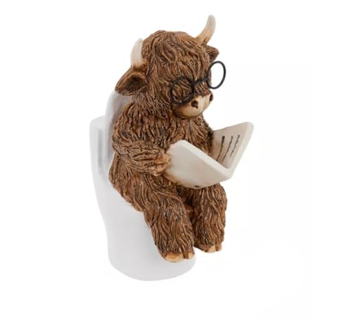 Hobby Lobby Highland Cow Bathroom Decor, Reading on Toilet Figurine, 5.12" H, Resin & Metal, Brown