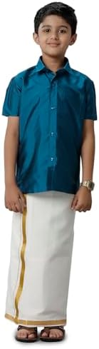 RAMRAJ COTTON Boys Silk Cotton Shirt With Adjustable Cream Dhoti Perfect For Ceremonies| Festivals| And Special Occasions
