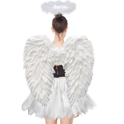 3 unidades de disfraz de ángel blanco para mujer, 60 cm, alas de ángel para adultos con aureola, 70-110 cm, falda de tul para mujer, disfraz de ángel para Halloween, carnaval, cosplay, fiesta, fiesta