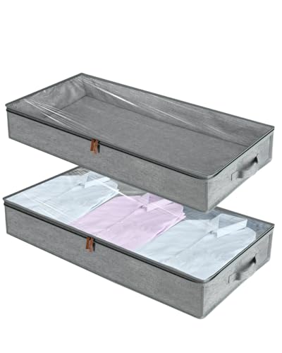 NEATJELAI 2-Pack Under Bed Storage Containers,4.7 Inches Tall Low Profile Underbed Closet Organizers and Storage Bins，Foldable with Sturdy Sidewalls/Bottom/Handles for Blankets,Comforter,Linen Sheets