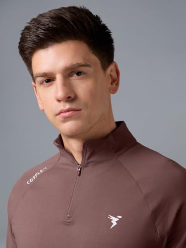 Image of TECHNOSPORT Men's Solid Quarter Zip Gym Slim Fit Active Sports T-Shirt with COTFLEX Full Sleeve Cotton Feel Polyester 4-Way Stretch Memory Fabric Lightweight Workout Running Training
