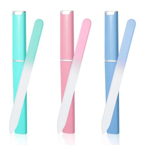 KFHENSOMR Lima de uñas con superficie de cristal, 3 unidades, lima de uñas de cristal checo con estuche, lima de uñas de cristal checo para el cuidado natural de las uñas artificiales, lima de cristal
