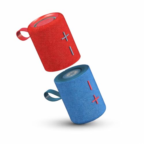 Stromberg - Twin 2-in-1 Mini Portable Bluetooth Speaker, 10W Power (5W per Speaker), 10-Hour Playtime, Sky Blue and Red