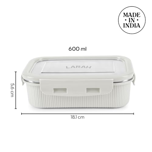 Image of Larah by BOROSIL Freshbyte Food Storage Container with Airtight Stainless Steel Lid | Fridge Container for Lunchbox | Food Grade | Microwave Safe (Grey, 600 ml, Rectangular)