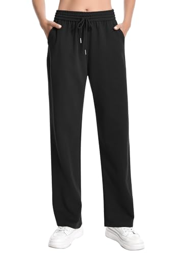 Auriviz Pantalones deportivos de cintura ancha para mujer, bolsillos expuestos, pantalones deportivos de pierna recta, entrepierna de 29 pulgadas, Negro -, Small