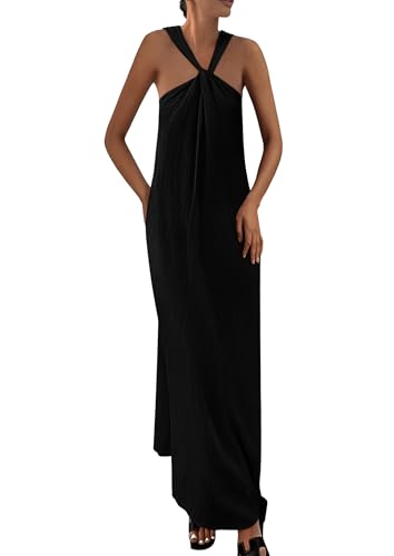 Image of PRETTYGARDEN Womens 2025 Casual Long Summer Dresses Sleeveless Strappy Loose Flowy Beach Vacation Maxi Dress with Pockets (Black,Medium)
