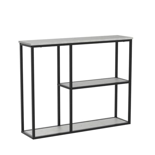 Image of WOHOMO Console Table, 12 Inch Narrow Sofa Table with 3-Tier Storage Shelves, 31.5 Inch Industrial Entryway Table for Living Room, Corridor, Hallway, Grey Marble