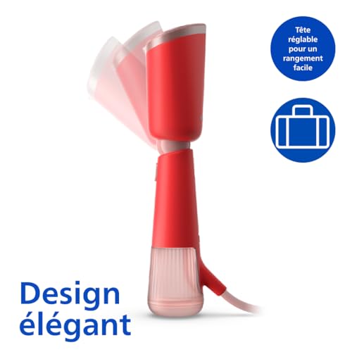 Philips Défroisseur à Main 5000 Séries - Steamer 1300W, Vapeur 24g/min, Réservoir 120ml, prêt en 35sec, plaque chauffante, modes Éco & Max, pochette, Léger 720g, rouge orangé (STH5020/40)