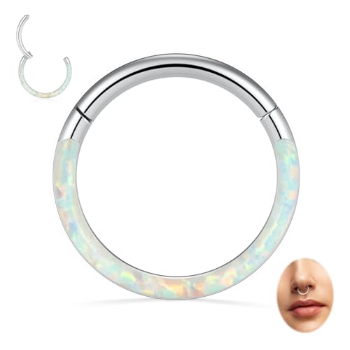 PEAKLINK Septum Jewelry 16G White Opal Septum Rings Daith Earring 316L Conch Piercing Jewelry 16G Nose Hoop Ring Septum Clicker Silver Rook Helix Tragus Cartilage Lobe Earring 8mm