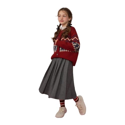 Girls' Red Knitted Long Sleeved Shirt with Button and Checkered Stripes Trendy Cardigan Sweater3