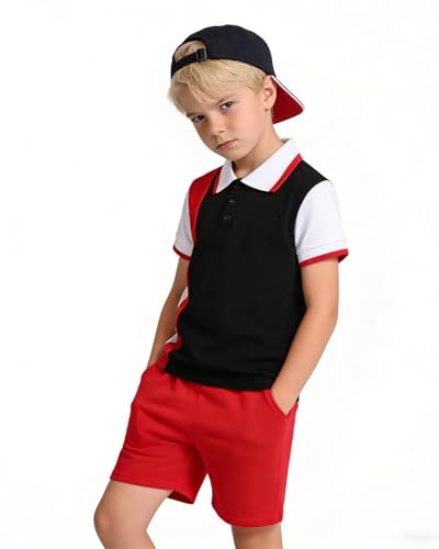 Image of Boys 2 Piece Outfits Short Sleeve Basketball Pattern T-Shirt and Shorts Summer Clothes for Kids 5-12 Years