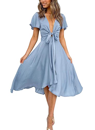 Image of miduo Womens Satin V Neck Ruffle Short Sleeve Tie Front High Waist Midi A-Line Maxi Dresses
