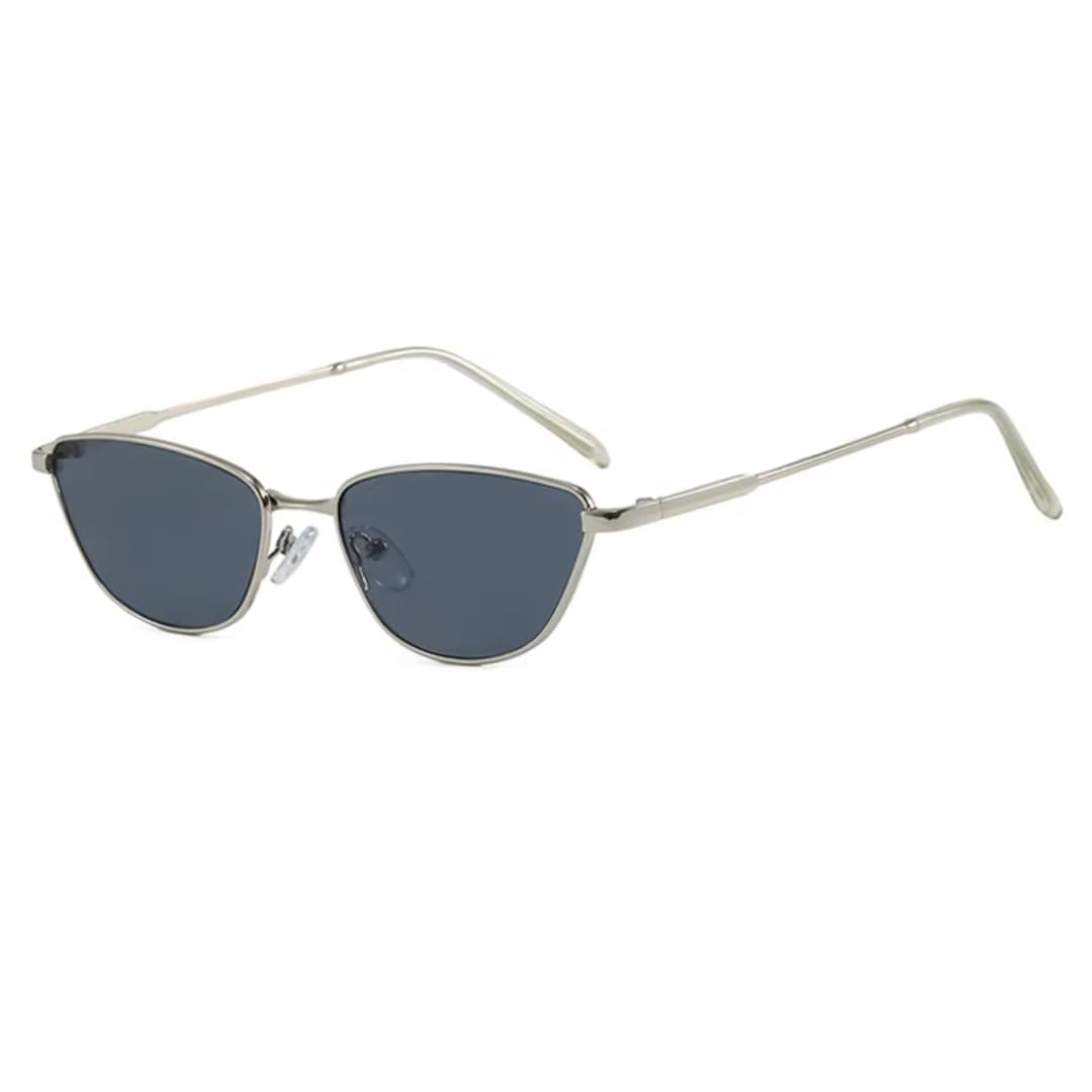 Occhiali da sole alla moda piccoli occhi di gatto da donna retrò montatura in metallo sfumati UV400 occhiali da donna punk uomo (argento-nero)