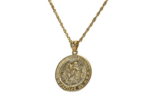 Floreo 10K Yellow Gold St. Christopher Protect Us Round Pendant On 24 Inch Adjustable Solid Rope Chain Necklace #TOP8