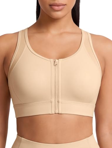 Image of Yvette Front Zip Sports Bras for Women High Impact Mesh Racerback Full Support Running Bra Plus Size for Workout