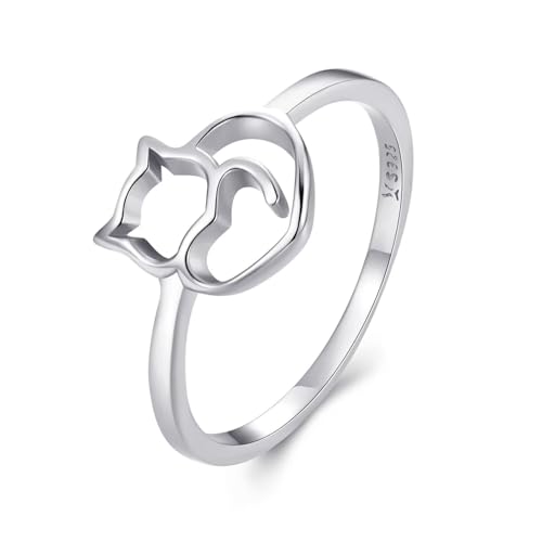 Kerraom Anillo de Plata 925 para Mujer con Diseño de Gato - Apilable, Hipoaalergénico, Anillo de Promesa, Regalo para Chicas y Amantes de los Gatos, Talla 15