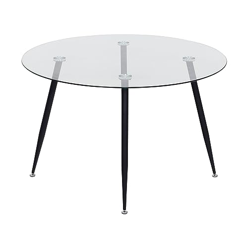 MOG CASA Mesa de Comedor Fija Redonda Corin | 120 x 120 x 75 cm | Ideal para Cocina o Salón | Ideal para 4 a 6 Personas | Tablero de Cristal Transparente | Patas de Metal en Negro