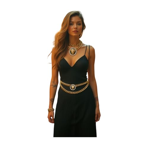 Women Fashion Belt Hip High Waist Gold Metal Chain Links Bling Lion Coin Charm XS S M3