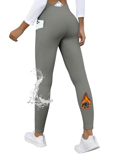 CMTOP Leggins Termicos Mujer Deporte Forro Polar Invierno Mallas Impermeables Pantalon Termicas Cintura Alta Leggings Yoga Running Pantalones con Bolsillos (Gris, M)