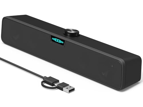 Computer Soundbar Speakers for Desktop PC Mac, USB Plug-in, Wired, External Speakers for Laptop Desk Monitor, RGB Gaming Sound bar with HD Stereo Loud Sound, Punchy Bass, Volume Knob, USB C Adapter