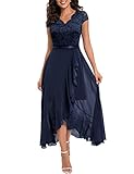 Bbonlinedress Abendkleid elegant für Hochzeit Spitzenkleid Chiffon Kleid Brautkleid Weihnachtskleid Party Abschlusskleid lang Winter Ballkleid Navy M