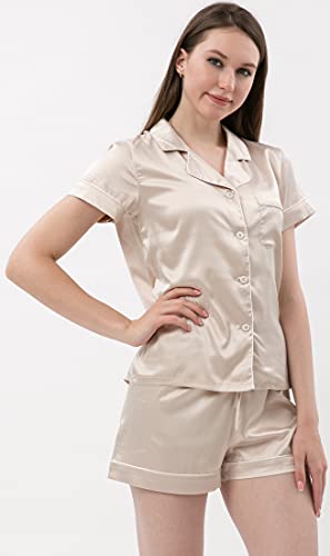 VeiOh Womens Silk Satin Pajamas Set Two-Piece Pj Sets Short Sleeve Sleepwear Button-Down Loungewear Pj Sets - Image 3