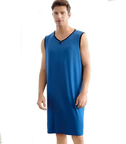 Men's Summer Nightshirt Sleeveless V Neck Sleepshirt Pajama Shirt Nightgown Comfy Big & Tall Henley Sleep Gowns