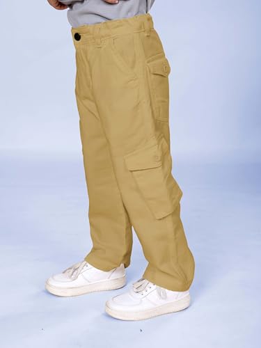 Image of KiddoPanti Boys Cargo Pants | 100% Cotton Twill | Comfortable Regular Fit | Elastic Waistband & Zip Fly | 6 Pocket Lower for Kids | Full-Length Casual Wear