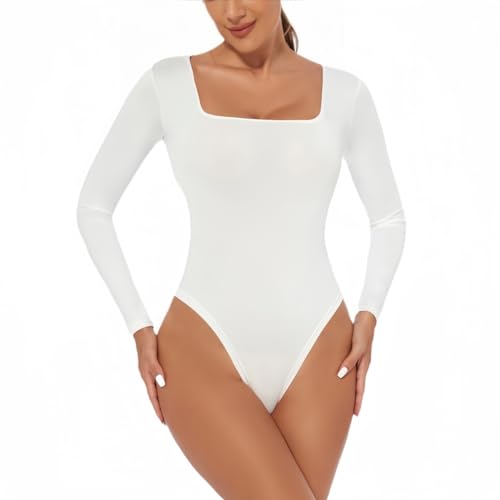 RuiChy Body de Manga Larga para Mujer, Sexy con Cuello Cuadrado Informal Leotardo Tops Tanga elástico Traje básico para el Cuerpo Mono Ajustado Ropa de Club Ropa Interior(blanco/M)