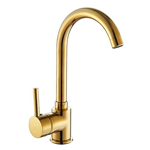 Grifo mezclador para fregadero de cocina, giratorio de 360 grados, arco alto, monomando, grifo mezclador de baño de lujo, acabado cromado dorado, latón macizo, grifo frío y caliente