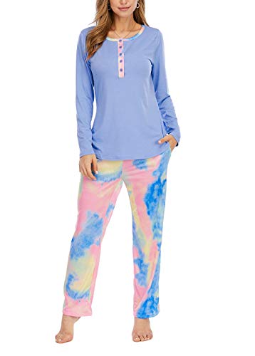 CIZITZZ Womens 2 Pieces Tie Dye Pajamas Set Sweatpants Sets Long Sleeve Pullover with Long Pants Sweatsuit Set,Blue,L