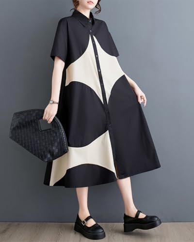 ellazhu Women's Short Sleeves Color Block Midi Length Button Down Shirt Dress GZ191 A3