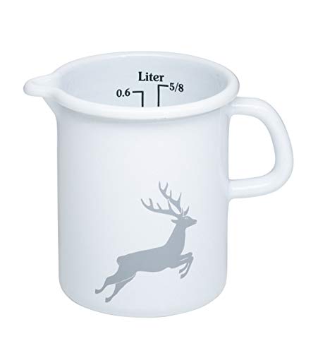 Riess, 0337-067, Küchenmaß 9 0,5 L, COUNTRY - HIRSCH GRAU, Durchmessser 9 cm, Höhe 12 cm, Inhalt 0,5 Liter, Emaille, weiß mit grauem Hirsch 0,33kg, 14,5 x 10,1 x 12cm, Induktion