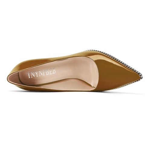 Image of TNYNFBEB Womens Stiletto Mid Heel Pointed Toe Pumps Slip-on Sliver Beaded Prom Wedding Dress Basic Classic Patent Leather 3.5 Inches Heels