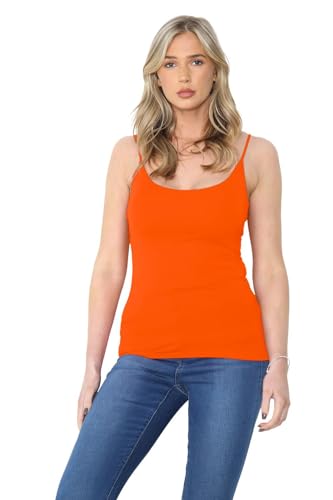 janisramone® Womens Cami Strappy Bodycon Tank Tops, Plain Sleeveless Scoop Neck Vest Tops Women UK, Stretchy Slim Fitted Gym Wear, Casual Summer Ladies Vests Neon Orange