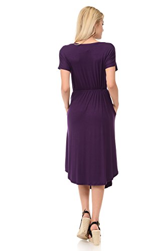 iconic luxe Women's Solid Short Sleeve Flare Midi Dress with Pockets Large Eggplant