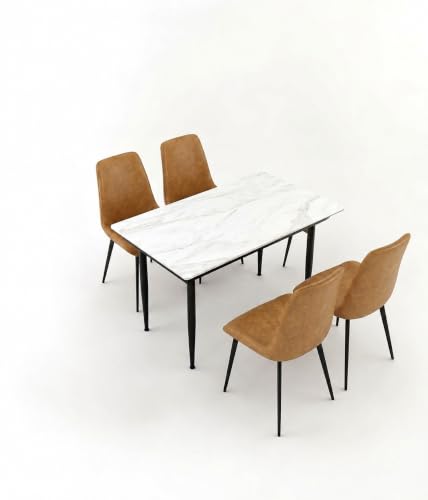 Image of Eclipse Four Seater Faux Marble Dining Set | 15mm Sintered Stone Dining Table | Upholstered Metal Chairs | Galaxy Cream (DIY Assembly)