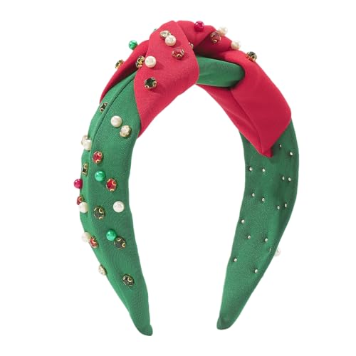 awakentti Bandeau de Noël pour femme, tendance vert saupoudré de strass, bandeau noué à large nœud supérieur, bandeau de vacances pour cheveux de Noël (C)