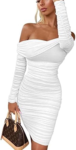 GOKATOSAU Women Elegant Long Sleeve Off Shoulder Party Mini Dress