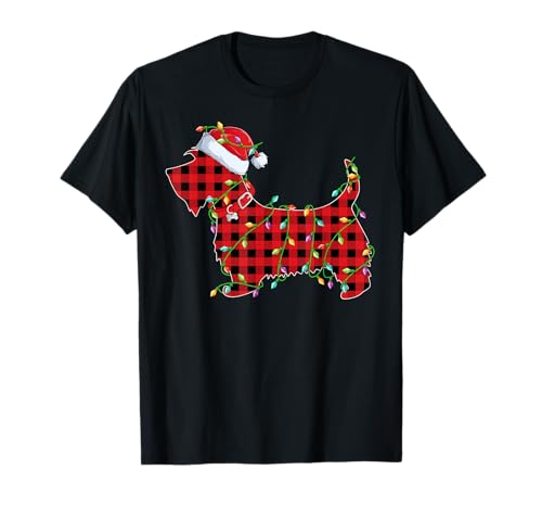 Xmas Lighting Matching Buffalo Plaid Scottie Dog Christmas T-Shirt