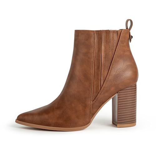 Chelsea Ankle Boots for Women Chunky Block Heel Booties Pointed Toe Stack Heel Brown Black Boots Dress Shoes Elastic Gore Slip On Comfortable Chelsea Boots