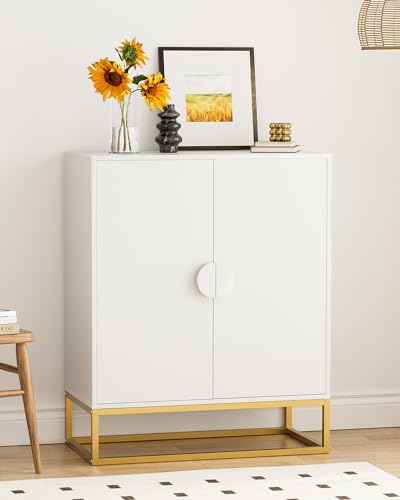 IKIFLY Modern White Storage Cabinet, 2-Door Sideboard Buffet Cabinet, Sturdy Metal Base, Entryway Cabinet for Hallway, Dining Room,Kitchen, Living Room