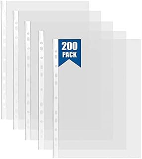 200 Pcs Punched Pockets A4 Clear 60 Micron Strong Plastic Wallet Sleeves, Top Opening Poly Pockets for Ring Binder Folders
