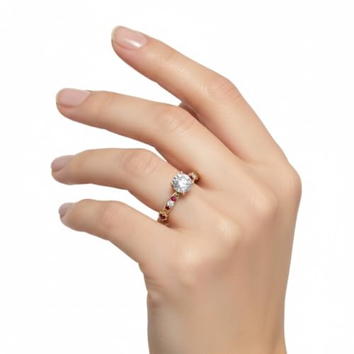 Image of Choose Your Gemstone Petite Pave Diamond CZ Engagement Ring Yellow Gold Plated Round Shape Petite Engagement Rings Minimal Modern Design Birthday Gift Wedding Gift US Size 4 to 12
